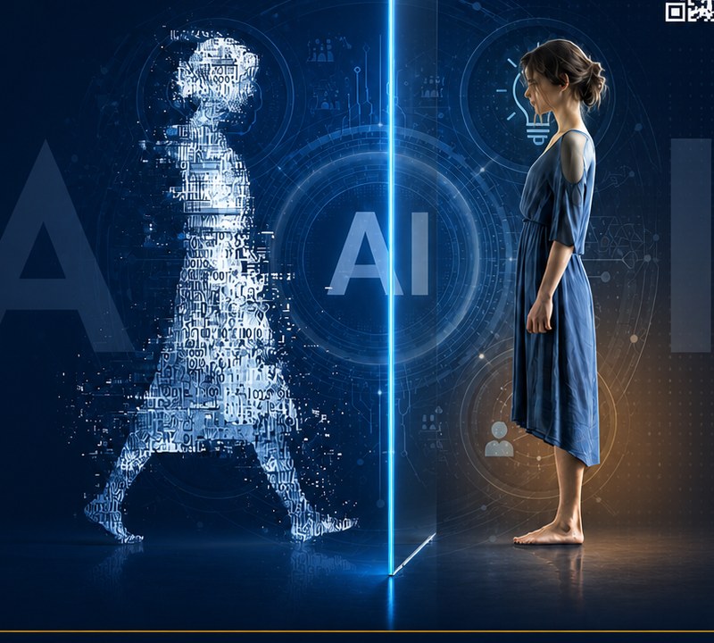 Conference visual showing a woman and digital AI silhouette