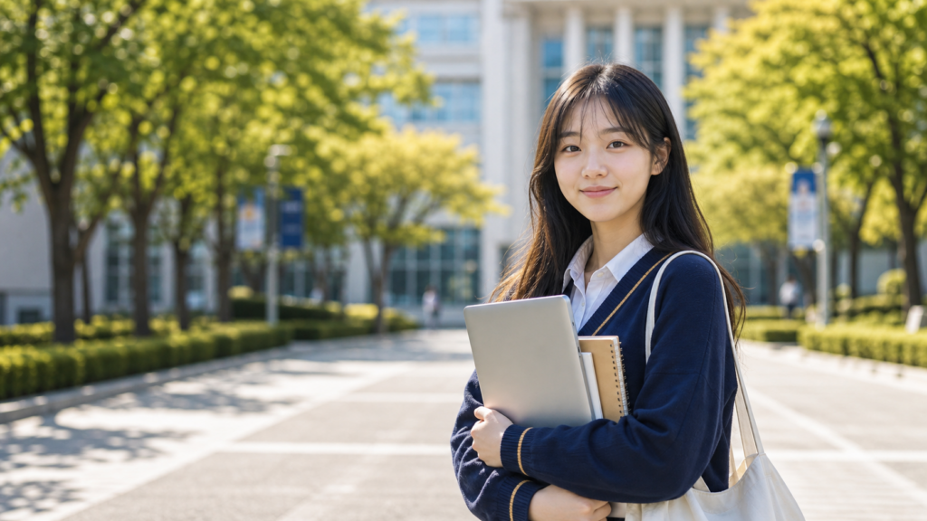 College student holding a laptop on a campus walkway