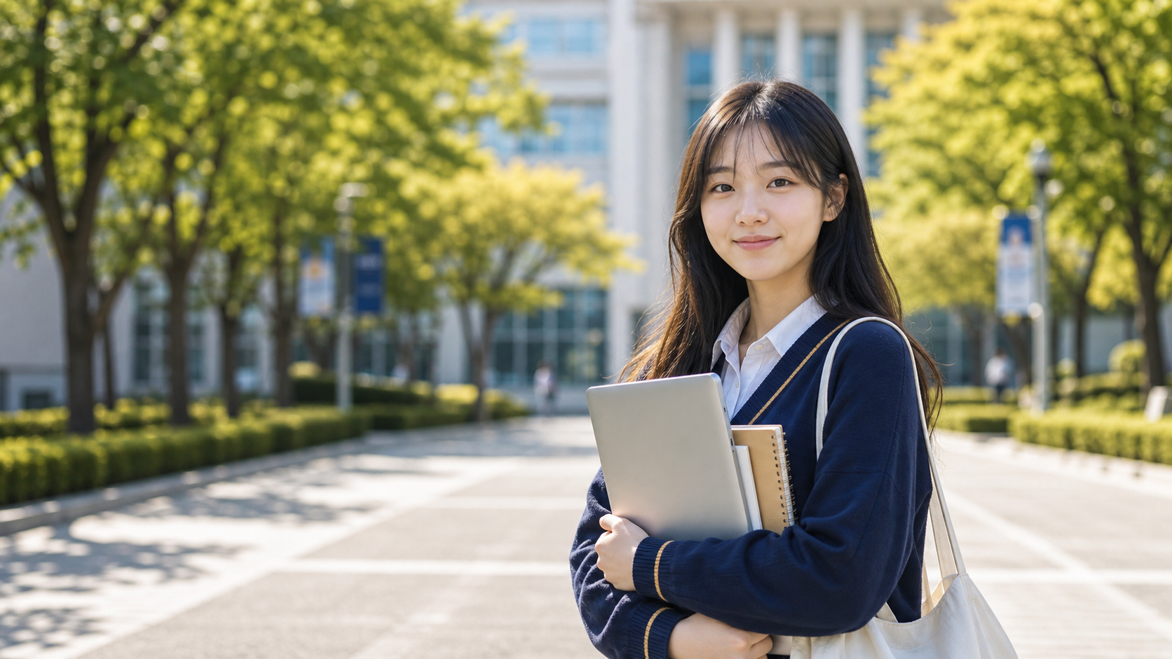 Scholarship student holding books on campus