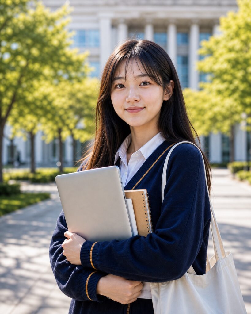 Korean American woman student with laptop and books on a sunny campus